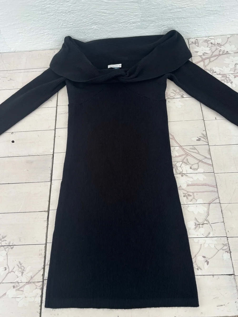 American Eagle Outfitters Black Ribbed Off-Shoulder Dress